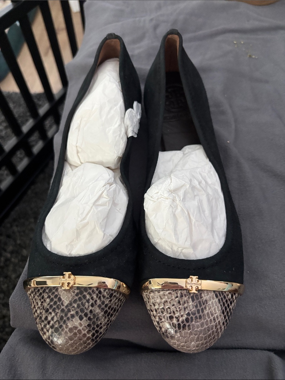 Black Suede Ballet Flats with Snake-Print Cap Toe and Gold Accent